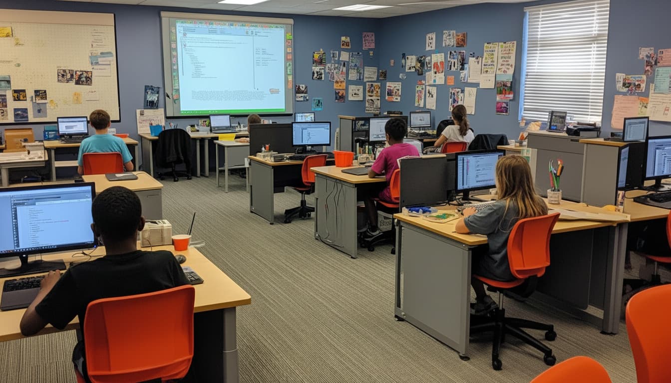 Students learning at computers in a school computer lab