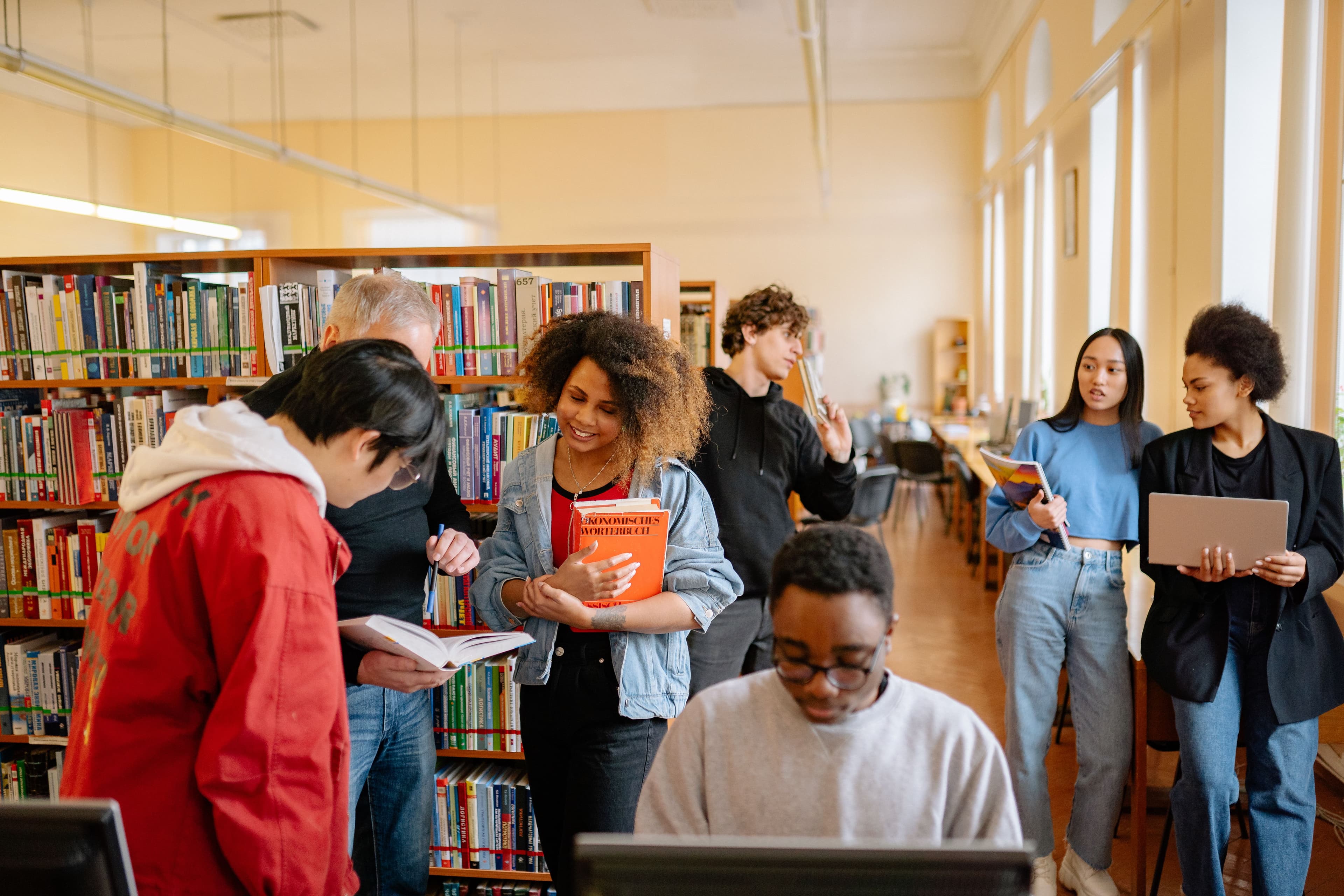 A group of students collaborating in a university library